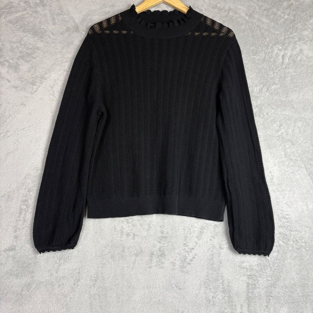 J.Crew Black Pointelle Mock Neck‎ Ruffle Trim Knit Sweater XL Minimalist Party